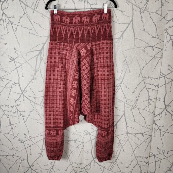 Harem Pants Thailand Red Elephants Print Smocked Harem Pants - Picture 3 of 7